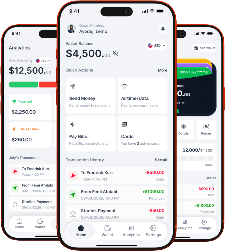 Fintech mobile app screens showing wallet, analytics and cards